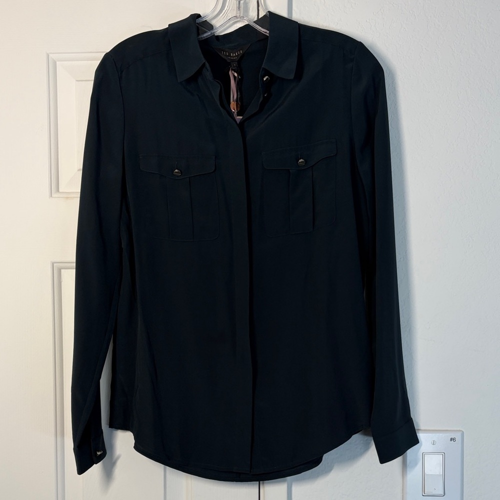 NWT Ted Baker Women's Dark Green 100% Silk Button Down Shirt